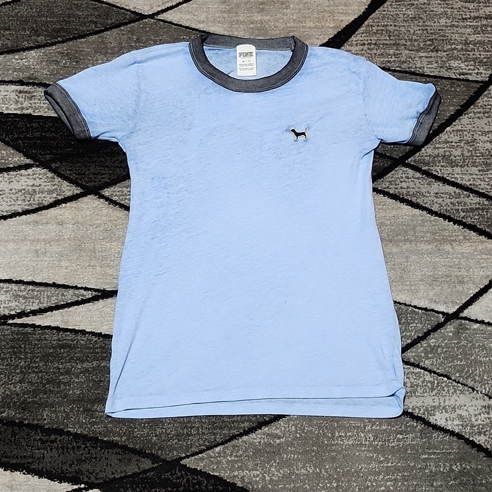 VS PINK 2016 RINGER BLUE & GRAY BURN-OUT EMBROIDERED DOG LOGO CAMPUS TEE-SHIRT